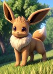 ambiguous_gender brown_body brown_eyes brown_fur canid canine chilon249 day detailed_background eevee eeveelution feral fluffy fur generation_1_pokemon grass mammal neck_tuft outside plant pokemon_(species) quadruped sky smile solo standing tree tuft