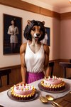 anthro biceps birthday black_hair bottomwear brown_eyes cake chair clothing dark_brown_fur dessert detailed_background dining_room female food furniture hair photo pink_bottomwear pink_clothing pink_skirt round_ears skirt solo topwear white_clothing white_topwear hellapoc deni lutrine mammal mustelid