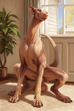 anatomically_correct anatomically_correct_genitalia animal_genitalia balls balls_on_ground big_balls blue_eyes building carpet crouching feral fully_sheathed genitals hairless house houseplant inside long_neck male pink_body pink_nose rug sheath smile solo tree_outside window window_light wood_floor whatshisnuts ambiguous_species monster unknown_species