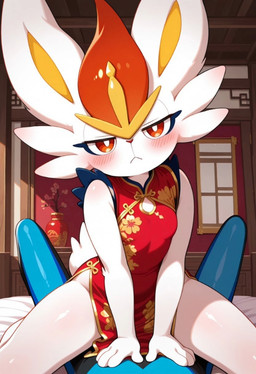 asian_clothing blush chinese_clothing clothing east_asian_clothing female female_focus female_on_top first_person_view inside looking_at_viewer on_top solo_focus anguirus12345 nintendo pokemon cinderace generation_8_pokemon inteleon pokemon_(species) hi_res