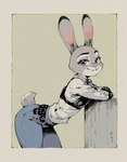 anthro arm_support clothed clothing ears_up female fully_clothed leaning leaning_forward leaning_on_elbow looking_at_viewer photo picture_frame police_uniform pose smile solo standing topwear uniform vest zootopia anonymous_director judy_hopps lagomorph leporid mammal rabbit hi_res