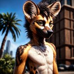 african_wild_dog anthro argon-42 black_nose blue_sky blurred_background brick_wall brown_body brown_fur brown_hair building canid canine car chest_tuft clothed clothing day facial_tuft front_view fur green_eyes hair hi_res inner_ear_fluff looking_away male mammal multicolored_body multicolored_fur outside palm_tree plant portrait realistic short_hair shrub sky skyscraper smile solo standing sunny tan_body tan_fur topless tree tuft vehicle wall_(structure) white_body white_fur window