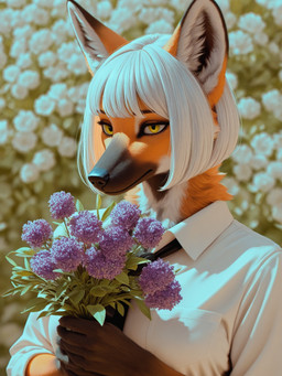 black_nose blurred_background bouquet brown_body brown_fur cheek_tuft clothed clothing dress_shirt eyelashes facial_tuft female flower flower_bouquet fur glistening hair holding_flower holding_object inner_ear_fluff looking_at_viewer mouth_closed neck_tuft necktie orange_body orange_fur outside plant realistic shirt short_hair smile solo topwear tuft white_body white_clothing white_fur white_hair white_shirt white_topwear wholesome_content yellow_eyes unknown_director canid canine mammal maned_wolf half-length_portrait hi_res portrait