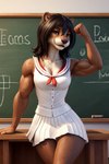 anthro biceps black_hair bottomwear brown_eyes chalkboard classroom clothing dark_brown_fur female flexing_biceps fur hair multicolored_body multicolored_fur muscular muscular_anthro muscular_female round_ears school school_bag school_uniform skirt solo teenager two_tone_body two_tone_fur uniform young hellapoc deni lutrine mammal mustelid