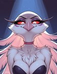 anthro beak choker clothing director_name eyelashes feathers female jewelry neck_tuft necklace red_sclera solo tuft white_body white_eyes white_feathers gilkardex helluva_boss stella_(helluva_boss) avian bird owl owl_demon hi_res signature