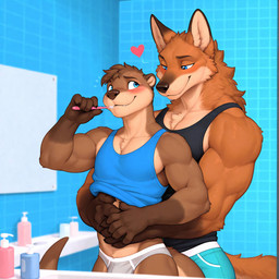 <3 anthro bathroom biceps blue_eyes blush briefs brown_body brown_fur brown_hair brush brushing brushing_teeth chest_tuft clothed clothing clothing_lift content_smile countershade_face countershade_fur countershade_torso countershading cuddling duo embrace eye_contact floating_heart fur gloves_(marking) hair half-closed_eyes hand_holding hand_on_stomach hug hugging_from_behind larger_male looking_at_another looking_at_partner looking_back male male/male markings muscular muscular_male narrowed_eyes neck_tuft orange_body orange_fur shirt shirt_lift short_hair size_difference smaller_male smile tank_top three-quarter_view toothbrush toothpaste topwear tuft underwear underwear_only wholesome_content promagentis canid canine mammal maned_wolf mustelid otter hi_res portrait three-quarter_portrait