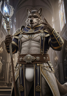 anthro belt_buckle cathedral cleric clothed clothing crystal looking_at_viewer magic magic_user male muscular muscular_anthro muscular_male priest religious_clothing smile solo staff standing underwear sweet_husbando canid canine canis mammal wolf absurd_res hi_res