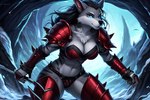 anthro armor blue_eyes breasts canid canine cave cavern cleavage clothed clothing countershade_arms countershade_face countershade_neck countershade_thighs countershade_torso countershading countershading_fur death_knight drakkenfyre female fur fur_tuft grey_body grey_fur ice light mammal markings midriff skimpy solo solo_focus striped_body striped_fur striped_markings stripes sunlight tuft unconvincing_armor undead warcraft were werecanid werecanine werewolf winter_background worgen world_of_warcraft