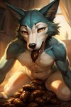 abs anthro beastars belly_button blue_body blue_fur ears_up eating_feces eyebrows face_focus facial_tuft feces feces_pile fur kneeling kneeling_position leaning leaning_forward looking_at_viewer male musk nipples pecs raised_eyebrows scat slime smelly solo solo_focus window window_light yellow_eyes peyotecoyote legoshi_(beastars) canid canine canis mammal wolf