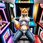 anthro arcade aroused automated_injection_device bodily_fluids bottomwear canid canine clothing denim denim_clothing exhibitionism female fox genital_fluids genitals jeans mammal medical_procedures niko pants public public_exposure pussy pussy_juice reyneke solo