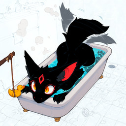 ambiguous_gender anthro ass_up bath bathing bathroom bathtub black_body black_fur blush butt claws female fingers floor fur head_markings high-angle_view humor inner_ear_fluff markings nude orange_eyes partially_submerged pawpads paws pupils red_body red_fur red_markings rubber_duck solo steam tail tail_motion tailwag tile tuft water wet yellow_eyes anotheranon cookie_(anotheranon) furred_kobold furred_scalie kobold scalie hi_res
