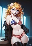 american_flag_bikini anthro bikini blonde_hair blue_eyes breasts clothing curvy_figure female fur gloves hair handwear jacket latex_stockings leather leather_clothing leather_jacket leather_topwear legwear long_hair looking_at_viewer seaside smile smiling_at_viewer solo stars_and_stripes stockings stripping swimwear thick_thighs topwear undressing united_states_of_america white_body white_fur window nakucide anita(nakucide) mammal polar_bear ursid ursine hi_res