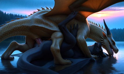 anus blue_body claws duo female feral feral_penetrated feral_penetrating from_front_position genitals gold_scales horn legs_up looking_at_viewer looking_pleasured male male/female mating_press mythology nude paws penetration penile penile_penetration penis penis_in_pussy presenting pussy raining raised_tail scales sex smile spread_legs spreading sunset teeth tongue tongue_out vaginal vaginal_penetration water yellow_body yellow_eyes balloon_(director) dragon mythological_creature mythological_scalie scalie western_dragon absurd_res hi_res