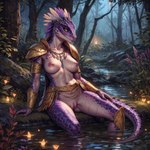 anthro armor black_marsh bodily_fluids breasts feather_hair feathers female forest genitals gold_(metal) gold_armor gold_jewelry jewelry night nipples nude plant pseudo_hair purple_body pussy romantic romantic_ambiance scales smile solo swamp tree violet_scales water thunderwolf skyrim argonian arthropod beetle elateroid firefly insect lizard lizardfolk lizardman reptile scalie absurd_res hi_res