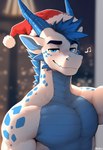 anthro blue_eyes blue_hair blue_spots christmas_clothing christmas_headwear clothing facial_spikes hair half-closed_eyes hat headgear headwear horn jaw_spikes looking_at_viewer male mohawk muscular musical_note narrowed_eyes santa_hat selfie smile solo spikes spikes_(anatomy) spots white_body adzyx3m_(director) adzyx3m dragon absurd_res hi_res portrait