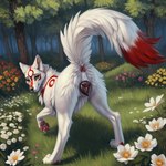 amaterasu_(okami) anatomically_correct anatomically_correct_genitalia animal_genitalia animal_pussy anus ass_up black_pussy butt canid canine canine_genitalia canine_pussy canis detailed detailed_background detailed_fur director_firewolf female feral flower forest furryrock_(model) genitals grass green_eyes hi_res looking_at_viewer looking_back looking_back_at_viewer mammal markings pawpads paws pink_anus plant presenting presenting_hindquarters presenting_pussy pussy raised_tail red_markings solo tree wolf