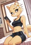 4_fingers anthro bed bedroom black_sclera clothing female fingers fur furniture phone solo tail white_eyes yellow_body yellow_fur leyendas_arts vanilka_(vkontakte) felid feline mammal hi_res