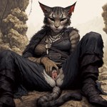 anthro clothed clothing female genitals partially_clothed presenting presenting_pussy pussy solo spread_legs spread_pussy spreading hyperion felid khajiit mammal hi_res