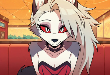 anthro clothing date date_pov dress female fur hair multicolored_body multicolored_fur red_clothing red_dress red_eyes restaurant smile smiling_at_viewer solo two_tone_body two_tone_fur white_hair foxfire22 helluva_boss loona_(helluva_boss) canid canid_demon demon hellhound mammal