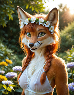 accessory anthro bangs black_nose bra braided_hair breasts clothing detailed_background female flower flower_crown flower_field fur green_eyes hair hair_accessory hair_tie light looking_at_viewer multicolored_body multicolored_fur natural_breasts natural_lighting nature nature_background nipples orange_body orange_fur orange_hair photorealism plant realistic realistic_fur smile solo sunlight sunset translucent translucent_clothing two_tone_body two_tone_fur underwear whiskers white_body white_fur kittysasha sienna_(kittysasha) canid canine fox mammal absurd_res hi_res