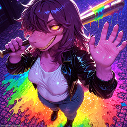 anthro baseball_bat bat_(object) boots bottomwear breasts claws clothing curvy_figure denim denim_clothing dripping female footwear fur glowing glowing_eyes grin grinning_at_viewer hair jacket jeans leather leather_clothing leather_jacket leather_topwear looking_at_viewer multicolored_eyes nipple_outline pants psychedelic purple_hair rainbow_eyes sagging_breasts sharp_teeth shirt shoes slightly_chubby smile solo squish standing tail tank_top teeth text thick_thighs topwear torn_bottomwear torn_clothing torn_jeans torn_pants wet white_clothing white_shirt white_topwear wide_hips yellow_eyes sherlock_hound_(director) deltarune undertale_(series) susie_(deltarune) mammal reptile scalie 2025 detailed director_name hi_res shaded soft_shading