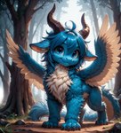 ambiguous_gender big_eyes blue_body blue_eyes blue_fur blue_hair blue_scales chest_tuft claws dirt feral fluffy fluffy_tail forest fur grass hair horn inner_ear_fluff looking_at_viewer plant rock scales smile solo spread_wings standing tree tuft wings fenix_ai dragon furred_dragon hi_res