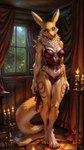 anthro bedroom_eyes blue_eyes breasts candle cleavage clothed clothing detailed detailed_background detailed_eyes detailed_fur detailed_lighting digimon_(species) female hi_res inside looking_at_viewer mammal narrowed_eyes naughty_face navel renamon seductive skimpy smile solo underwear window yuki_laneige