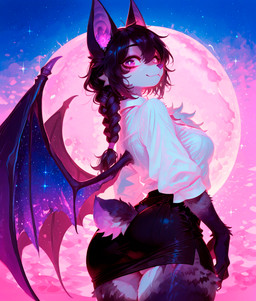 anthro bat_ears bedroom_eyes black_hair bottomwear braided_hair braided_ponytail breasts butt chest_tuft clothing cosmic_background female fluffy gradient_background hair hair_between_eyes looking_at_viewer medium_breasts membrane_(anatomy) membranous_wings moon narrowed_eyes pencil_skirt ponytail purple_eyes rear_view scut_tail seductive short_tail simple_background skirt sky smile solo star starry_background starry_sky starry_wings tail tuft wings loren_iipsum magna bat mammal hi_res portrait three-quarter_portrait