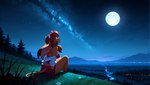 anthro detailed_background female flower full_moon grass hair horn long_hair moon mountain night plant scenery sitting sky solo star starry_sky tree anonymous_director bovid bovine cattle mammal hi_res