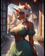 anthro breasts cleavage clothed clothing dress fantasy female horn jewelry looking_at_viewer medieval medieval_clothing village cattorihanzo avian dragon equid equine gryphon horse mammal mythological_avian mythological_firebird phoenix unicorn animated hi_res webm