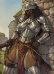 anthro armor belt bottomwear brown_body brown_fur chest_armor clothing covered_eyes dark_body dark_fur day female fur hair headgear helmet holding_object holding_weapon knight leg_armor loincloth long_hair medieval melee_weapon outside shoulder_armor smile solo stone_wall sword vambraces wall_(structure) warrior weapon gauss canid canine mammal hi_res