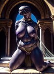 blue_eyes bottomwear bottomwear_aside breasts clothing clothing_aside collar female genitals halo kneeling loincloth loincloth_aside looking_away navel nipples purple_body purple_nipples pussy solo marcus64 alien humanoid sangheili hi_res