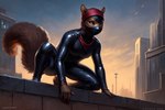 anthro athletic athletic_anthro athletic_female black_suit building city city_background curved_tail curvy_figure female fluffy fluffy_tail latex_clothing mask ninja rooftop round_ears solo squat sunset warrior hellapoc mammal rodent sciurid attempted_signature detailed