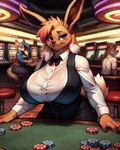 anthro big_breasts blue_hair bottomwear breasts casino cleavage clothed clothing dress_shirt female front_view furniture group hair inside jacket looking_at_viewer looking_away male pants poker_table rear_view shirt side_view sitting slot_machine solo_focus stool topwear trio vest white_clothing white_shirt white_topwear kyxsoon background_character eevee generation_1_pokemon pokemon_(species) absurd_res hi_res