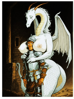 5_fingers anthro areola armor belt between_breasts big_breasts biped black_hair bodily_fluids border bottomwear breasts claws clothed clothed/nude clothed_male clothing curvy_figure duo embrace female fingers fully_clothed gloves hair handwear head_between_breasts headgear helmet horn hug huge_breasts human_on_anthro inside interspecies knight larger_anthro larger_female long_hair long_neck looking_at_another male male/female melee_weapon membrane_(anatomy) membranous_wings mythology nipples nude pants scales size_difference smaller_human smaller_male smile standing sweat sword tail warrior weapon white_body white_border white_hair white_scales white_tail wings unknown_director dragon human mammal mythological_creature mythological_scalie scalie hi_res signature traditional_media_(artwork)