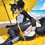 <3 anthro anus anus_focus backsack balls balls_focus beach beach_background beach_towel bikini bikini_bottom black_body black_fur black_hair black_nose black_pawpads black_tail blonde_hair blush bubble_butt butt butt_focus chest_tuft claws clothed clothing ear_tuft fangs femboy fluffy fluffy_ears fluffy_tail fur genitals gold_claws gold_nails hair hand_on_butt heart_symbol highlights_(coloring) inner_ear_fluff light lying lying_down lying_on_side makeup male nipples on_side open_mouth panties panties_down parasol partially_clothed pawpads pink_nipples ponytail sea seaside solo solo_focus spread_butt spreading sun sunlight swimwear towel tuft underwear underwear_down water wet wet_body white_body white_tail_tip yellow_eyes arvedui canid canine canis mammal wolf hi_res