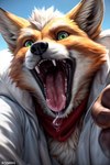 anthro bodily_fluids clothing dripping fur green_eyes jacket male mouth_shot open_mouth oral_vore orange_body orange_fur red_scarf saliva saliva_drip saliva_on_tongue scarf solo topwear vore white_body white_clothing white_fur white_jacket white_topwear l649000 fox_mccloud canid canine fox mammal hi_res