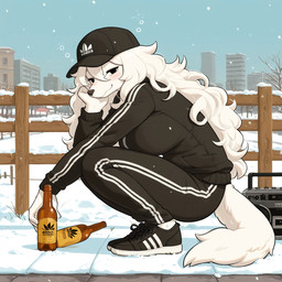 alcohol baseball_cap beer_bottle beverage big_breasts black_clothing blush bottle bottomwear breasts building city clothed clothing container crouching detailed_background drunk electronics female female_anthro fence footwear fur gopnik hair hat headgear headwear kemono long_hair looking_at_viewer outside pants plant radio shoes smile snow snowing solo squatting_female substance_intoxication tail text text_on_clothing topwear tracksuit tree urban white_body white_fur white_hair winter unknown_director canid canine canis domestic_dog mammal 1:1 hi_res