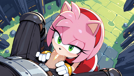 accessory anthro belt bottomwear bracelet clothing dress duo eyelashes fellatio female first_person_view fur genitals gloves gold_(metal) gold_bracelet gold_jewelry green_eyes hair_accessory hairband handwear high-angle_view human_on_anthro interspecies jewelry male male/female male_pov oral pants penile penis pink_body pink_fur sex anonymous_director sega sonic_the_hedgehog_(series) amy_rose eulipotyphlan hedgehog human mammal hi_res