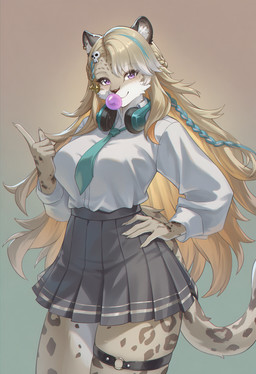 accessory anthro blonde_hair blowing_bubble blowing_bubble_gum blue_hair bottomwear braided_hair breasts clothing eyelashes female hair hair_accessory hand_on_hip headphones headphones_around_neck long_hair multicolored_hair necktie o-ring pleated_skirt purple_eyes shirt simple_background skirt smile smiling_at_viewer solo standing tail topwear wuthering_waves lynae_(wuthering_waves) felid leopard mammal pantherine hi_res