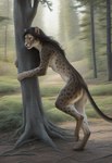 anthro black_hair digitigrade female forest hair hugging leaning_on_tree nude plant smile solo spots standing tasteful_nudity tree director_crashbandit felid mammal pantherine hi_res novelai