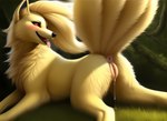 animal_genitalia animal_pussy anus blush bodily_fluids butt canid cute_fangs dripping_pussy female feral forest generation_1_pokemon genital_fluids genitals hi_res inner_ear_fluff looking_back lying mammal multi_tail ninetales on_front outside plant pokemon_(species) presenting presenting_hindquarters pussy pussy_juice raised_tail red_eyes solo tongue tongue_out tree tuft wolfsblut