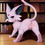 anus bookshelf butt eeveelution espeon female feral furniture generation_2_pokemon genitals looking_at_viewer pink_body pink_eyes pokemon_(species) pussy raised_tail solo spread_legs spreading stablediffusion