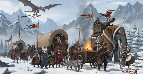 anthro armor bandanna banner beak belt boots bottomless cannon cape cart chainmail cloak clothed clothing coat drum eye_patch eyewear fantasy female female_anthro female_human feral feral_armor fire flying footwear furgonomic group halberd headdress headgear helmet hood_up jewelry kerchief knight magic_staff magic_weapon male male_anthro male_human medieval melee_weapon musical_instrument mythology necklace outside percussion_instrument polearm potion prehistoric_species ranged_weapon reins scuted_feet scuted_hands scutes shield spear sword topwear tunic walking warrior weapon winter terraraptor judgmental_owl avian bird bubo_(genus) canid canine dragon elephant elephantid equid equine felid feline fox gulonine horse human kobold lizard lynx mammal maned_wolf marten murid murine mustelid musteline mythological_creature mythological_scalie owl pantherine proboscidean rat red_fox reptile rodent saber-toothed_tiger scalie smilodon snow_leopard snowy_owl true_owl veskula wyvern hi_res