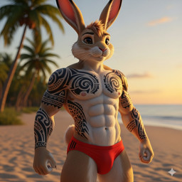anthro beach bulge clothed clothing male male/male muscular panties panties_only seaside solo speedo standing swimwear tattoo topless underwear underwear_only hare lagomorph leporid mammal rabbit