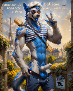 anthro ball_tuft balls blue_balls blue_claws blue_ears blue_eyes blue_hair blue_pawpads blue_spots blue_tail blue_tongue bodily_fluids breath building claws cloud flower garden genital_fluids genitals hair knot leaking_precum light light_beam male paris pawpads penis plant precum slim solo spots summer sunbeam sunlight sweat tongue tongue_out tuft white_body white_penis white_tail rayden adzyx3m canid canine canis hyaenid hybrid mammal wolf hi_res