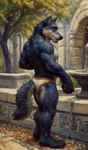 anthro back_muscles blue_body blue_fur canid canine canis cheek_tuft chin_tuft clothed clothing countershading day facial_tuft fluffy fluffy_tail fountain full-length_portrait fur hi_res imperialhorizon looking_at_viewer male mammal multicolored_body multicolored_fur muscular muscular_male outside partially_clothed plant_pot plantigrade portrait side_view solo standing tuft two_tone_body two_tone_fur underwear underwear_only white_clothing white_underwear wolf
