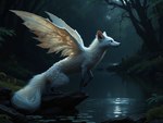 ambiguous_gender bushy_tail feral forest fur lily_pad membrane_(anatomy) membranous_wings night paws plant raised_paw ripples river solo solo_focus tree water white_body white_fur white_wings wings yellow_eyes valendier canid canine fennec fox mammal