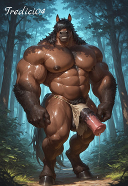 animal_genitalia animal_penis black_hair bodily_fluids brown_body equine_penis forest genital_fluids genitals hair hair_over_eyes hairy hooves leaking_precum male muscular penis plant precum smile smiling_at_viewer solo tree vein tredici04 equid equine horse humanoid mammal hi_res