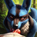 anthro blue_body blue_fur bodily_fluids cum cum_drip dripping duo fellatio first_person_view forest fur generation_4_pokemon genital_fluids hi_res joshan2 knot lucario male male/male male_pov mammal oral penile plant pokemon_(species) sex tree